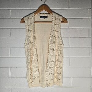Vtg OBR Crochet Knit Vest Medium Cream Ramie Cotton Boho Granny Hippie Beachy